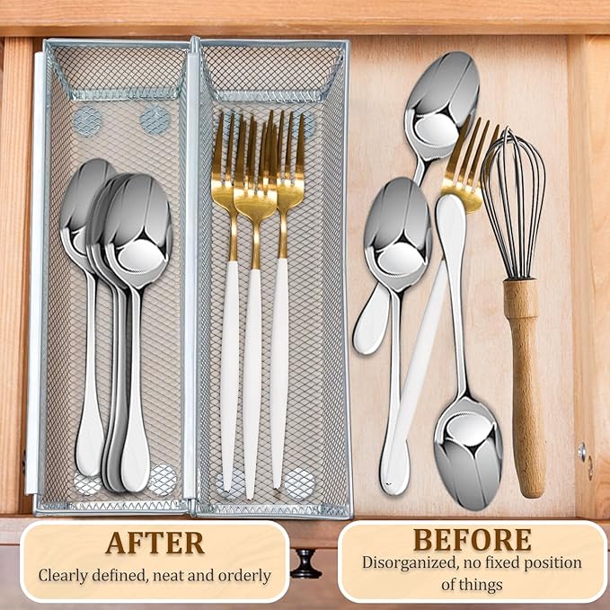 4PCS Drawer Organizer for Kitchen,Utensil Mesh Drawer Organizer with Interlocking Arm for Cosmetic,Flatware,Pen (9 * 3 * 2 Inches,Grey)