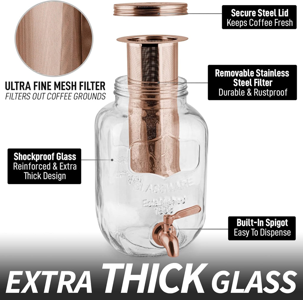 Zulay Kitchen 1 Gallon Cold Brew Coffee Maker - Large Iced Tea & Cold Brew Pitcher with Extra-Thick Glass & Stainless Steel Infuser - Drink & Beverage Dispenser Jar with Airtight Lid & Spout Rose Gold