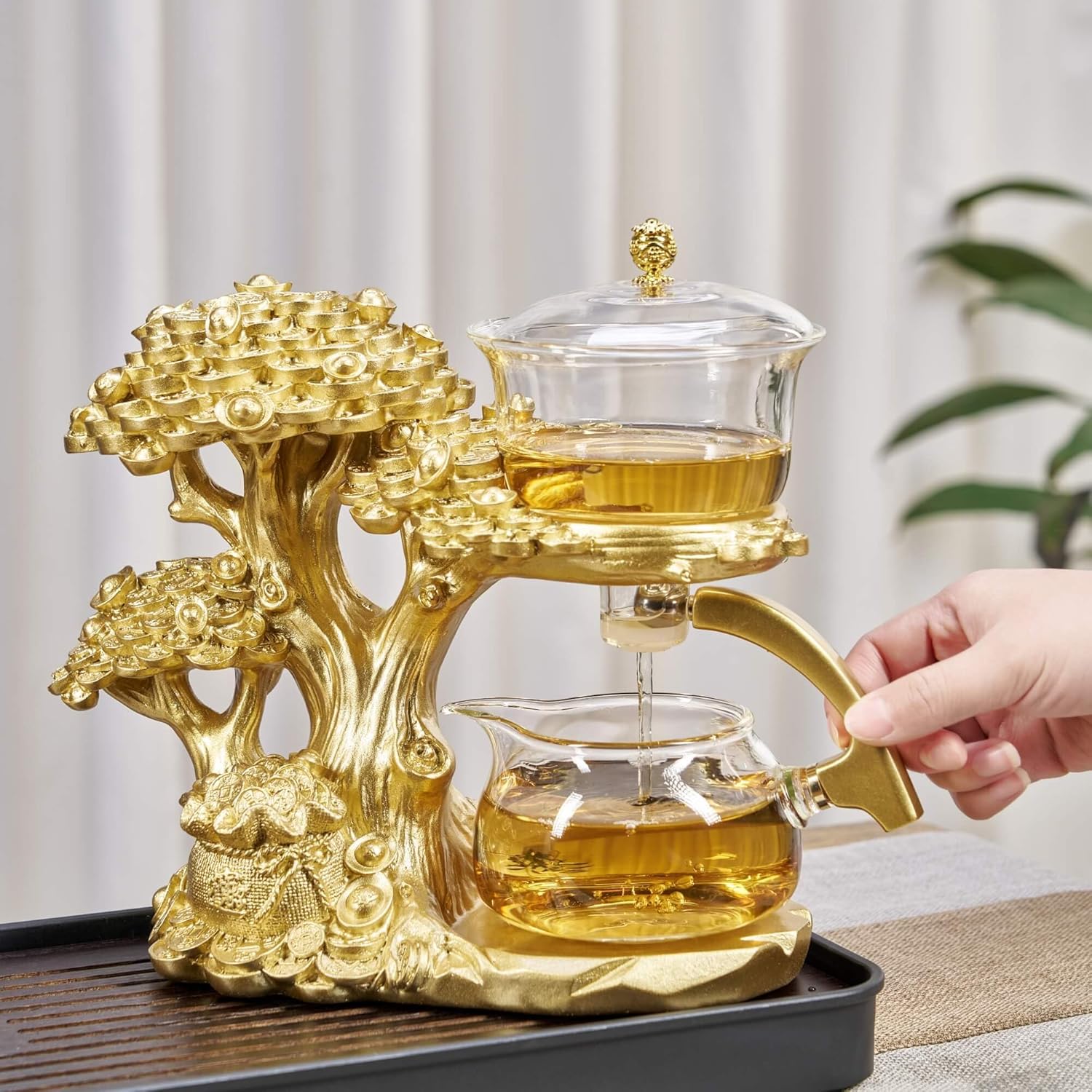 Glass Teapot Set with Infuser Semi Automatic Tea Set Magic Teapot (Tree - golden)