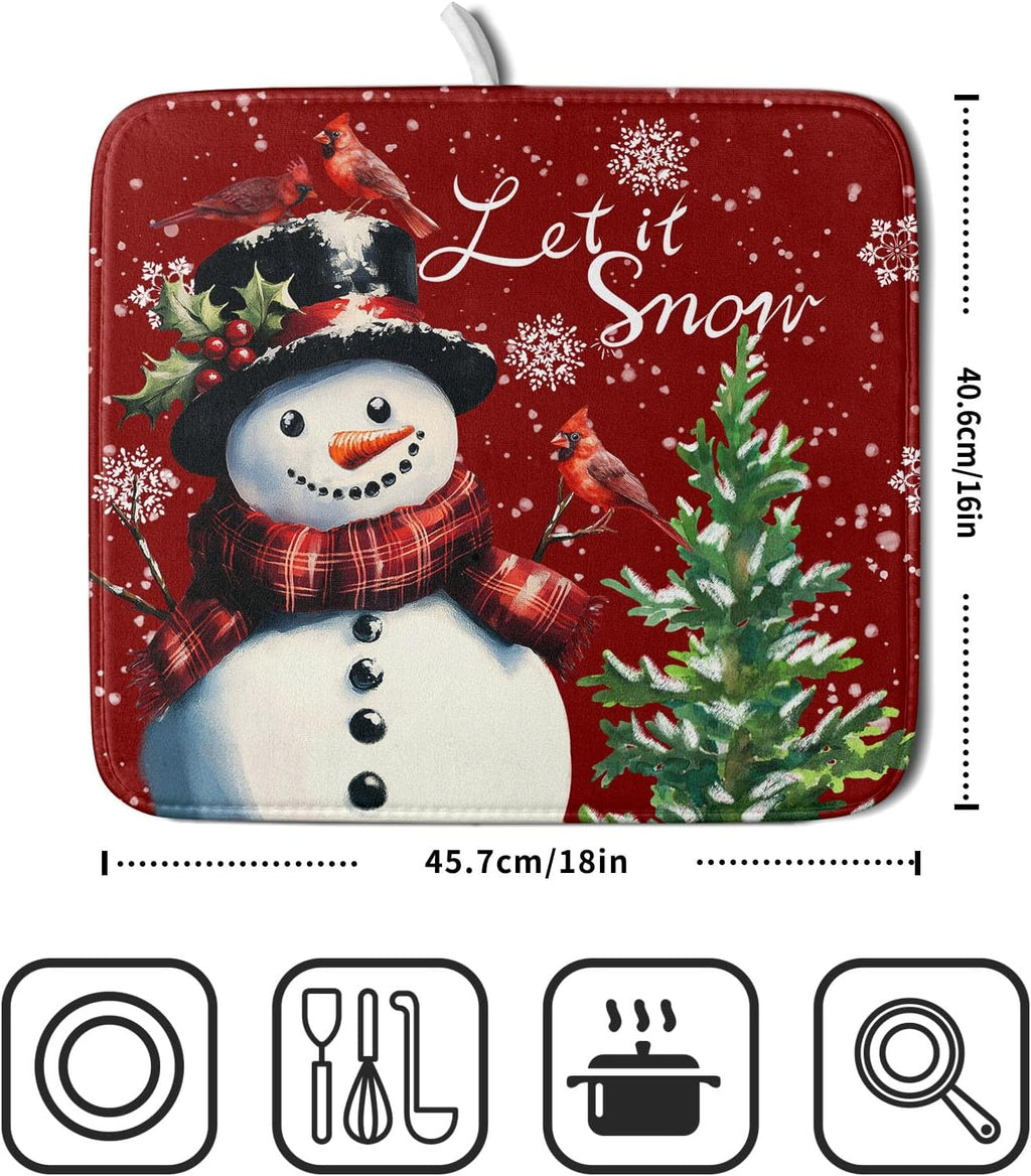 Let It Snow Winter Snowflake Red Dish Drying Mat for Kitchen Counter,Xmas Trees Snowman Cardinal Bird Drying Mat 16 x 18 Inch with High Absorbent Microfiber Drainer Mat for Coffee Bar