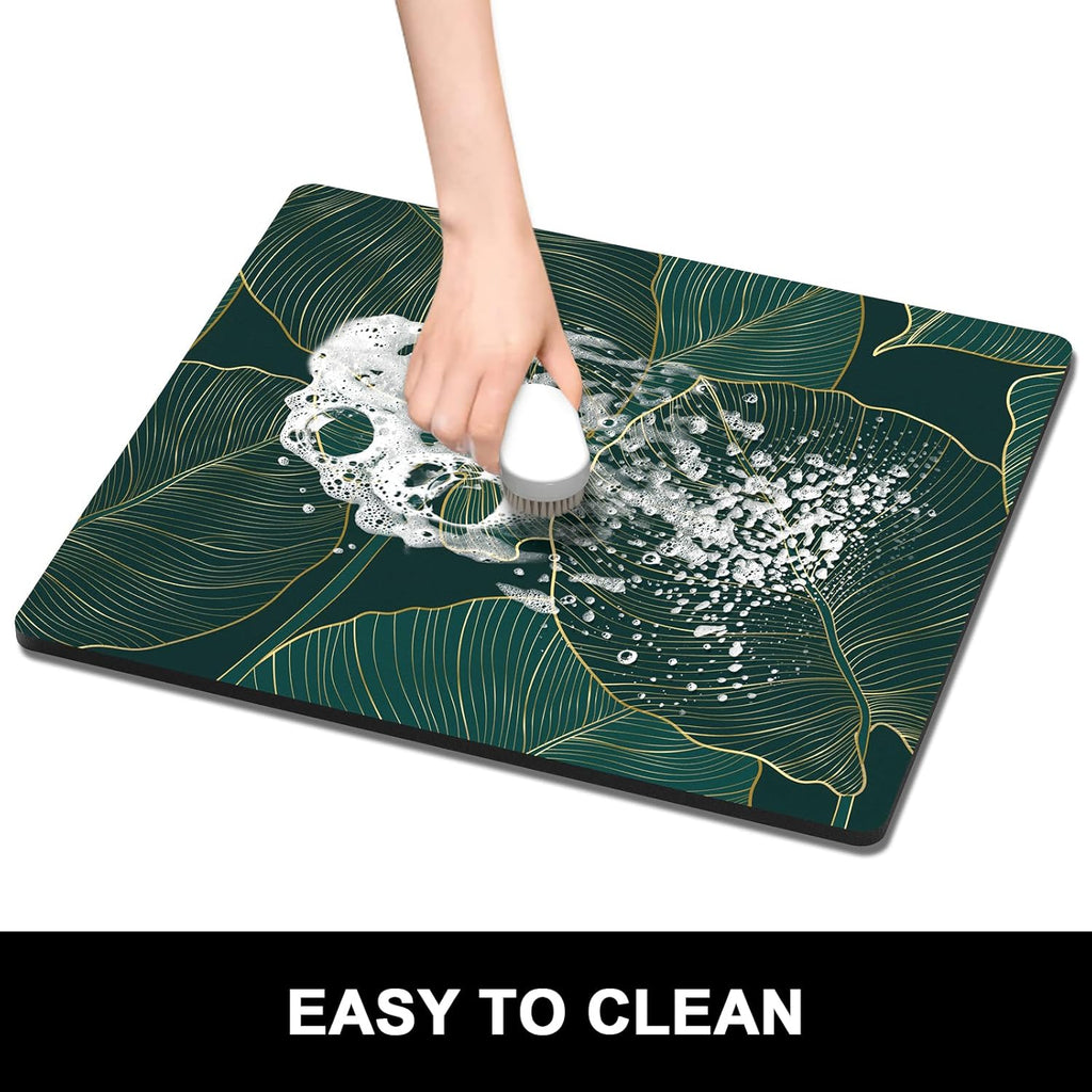 Rnivvi Dish Drying Mat for Kitchen Counter, 16 x 18" Boho Theme Absorbent Heat Resistant Drying Pad with Non-slip Rubber, Coffee Bar Mats for Dish Rack Kitchen Decor Accessories, Tropical Palm