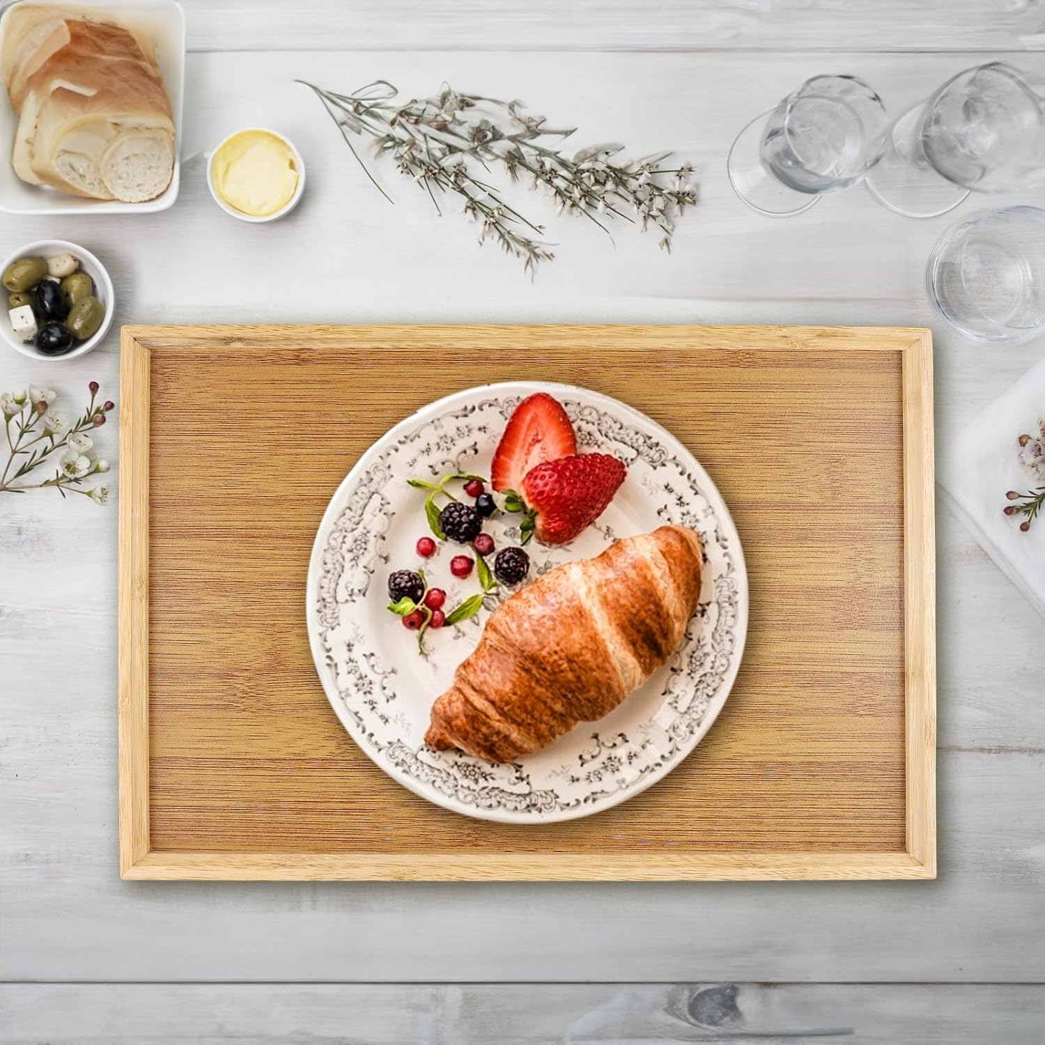 SEUNMUK 3 Pack Rectangular Bamboo Serving Tray, Natural Bamboo Tray for Serving Food, Snack, 14.6 x 10 x 1 Inch