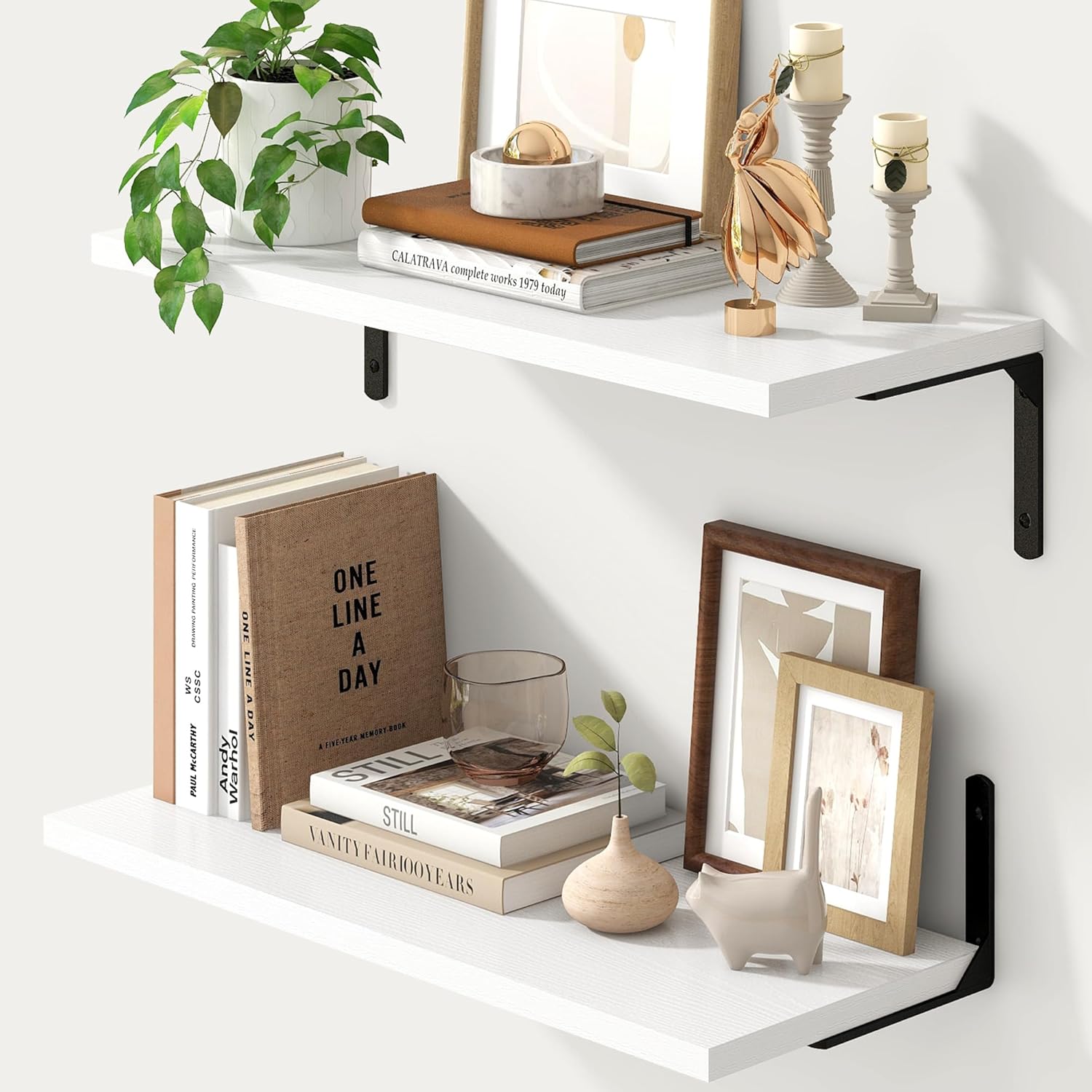 Fun Memories Deep Floating Shelves, 24W x 8D Floating Shelves Set of 2, Wall Mounted Shelf with Metal Brackets, Rustic Wood Wall Shelf for Bathroom, Kitchen and Living Room, White