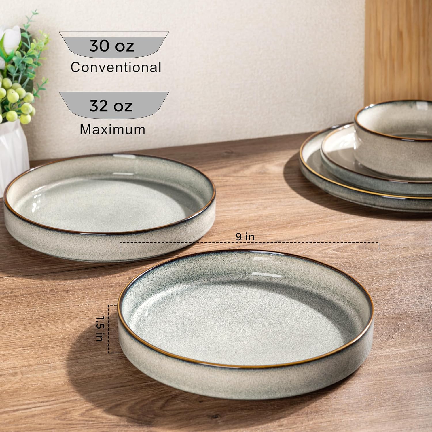 GBHOME 9'' Large Ceramic Pasta Bowls, 32oz Stoneware Pasta Serving Bowls Set of 4 for Kitchen, Wide Bowls for Fruit,Pasta,Salad,Oatmeal,Meal, Microwave Safe, Reactive Glaze-Green Wheat