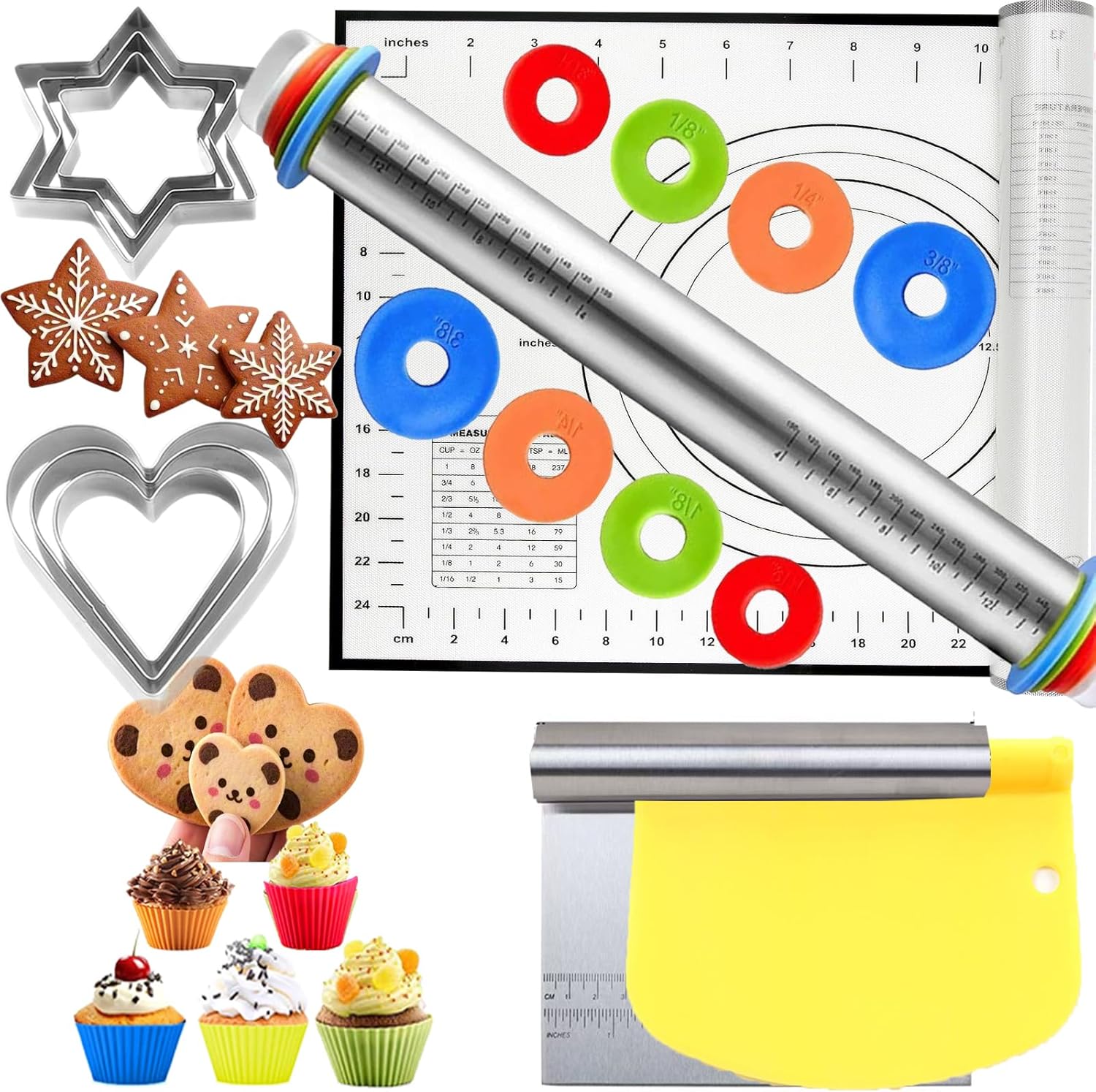 Adjustable Rolling Pin 20 Set and Silicone Baking Pastry Mat Set,Thickness Rings,Dough Roller & Steel Cutter& 6 Cookie Molds & 10 Cake Molds for Baking Dough Stainless Steel Dough Roller, Pizza, Pie