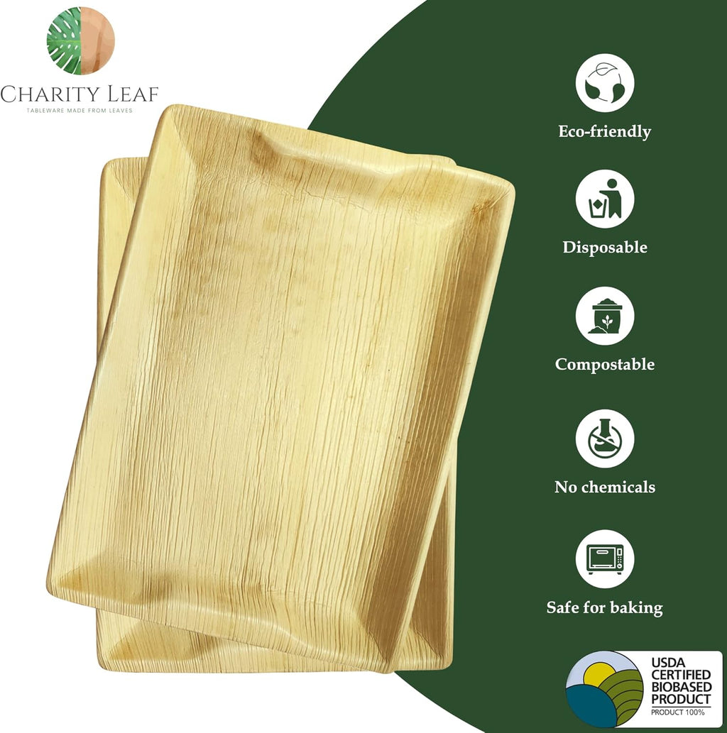 Charity Leaf Disposable Palm Leaf 14" x 10" Trays (25 Pieces) Bamboo Like Serving Platters, Disposable Boards, Eco-Friendly Dinnerware for Weddings, Catering, Events