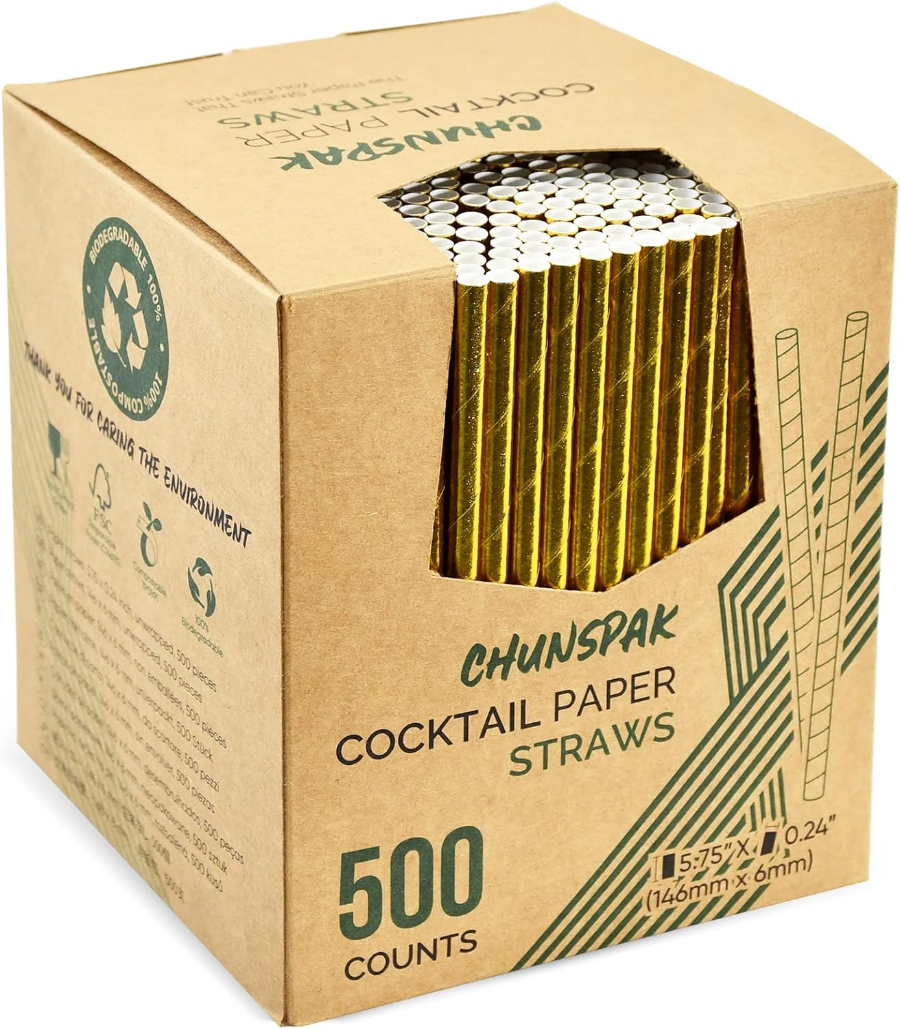 5.75 Inch Disposable Short Gold Paper Straws & Stirrers, Sipping Stir Sticks (500 Counts) - for Cocktail, Short Drinks, Wedding, Party, Bars, Restaurants