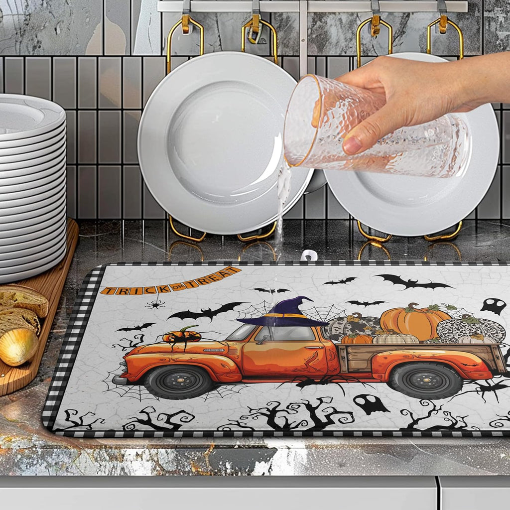 Happy Halloween Pumpkin Truck Dish Drying Mat For Kitchen Trick or Treat Microfiber Absorbent Dish Drying Mats Spooky Black Bat Ghost Self Dish Draining Mat 18x24 In Coffee Bar Spill Pad Decoration