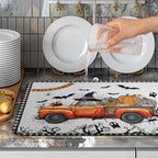 Happy Halloween Pumpkin Truck Dish Drying Mat For Kitchen Trick or Treat Microfiber Absorbent Dish Drying Mats Spooky Black Bat Ghost Self Dish Draining Mat 18x24 In Coffee Bar Spill Pad Decoration