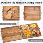 Double Side Acacia Wood Serving Tray, Serving Platters and Trays, Charcuterie Boards Wooden Tray with Vintage Metal Handles, Wooden Cutting Boards for Kitchen, Trays for Serving Food Serving Platter