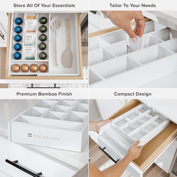 KitchenEdge Tea Bag and Coffee Pod Kitchen Drawer Organizer, Expandable 9.7 to 17 Inches, 10 Storage Compartments, Adjustable Wall Inserts, Non-Slip Feet, Food-Safe White Finish, 100% Bamboo Wood
