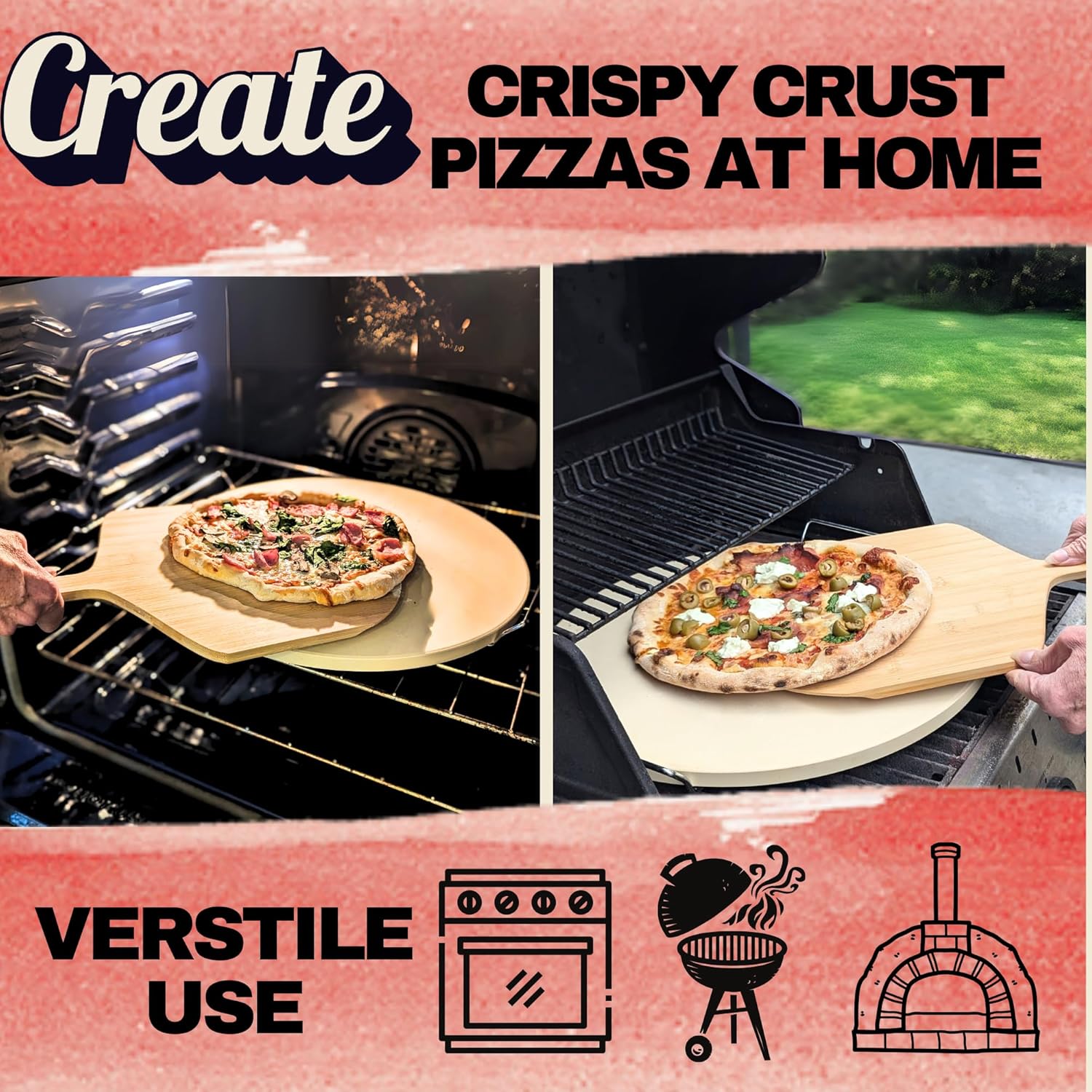 Large Pizza Stone for Oven 16 inch - Round Pizza Stone for Grill with Handles, Wood Pizza Peel and Cutter Set - Baking Stone for Bread - Pizza Making Kit Accessories - Gifts for Food Lovers