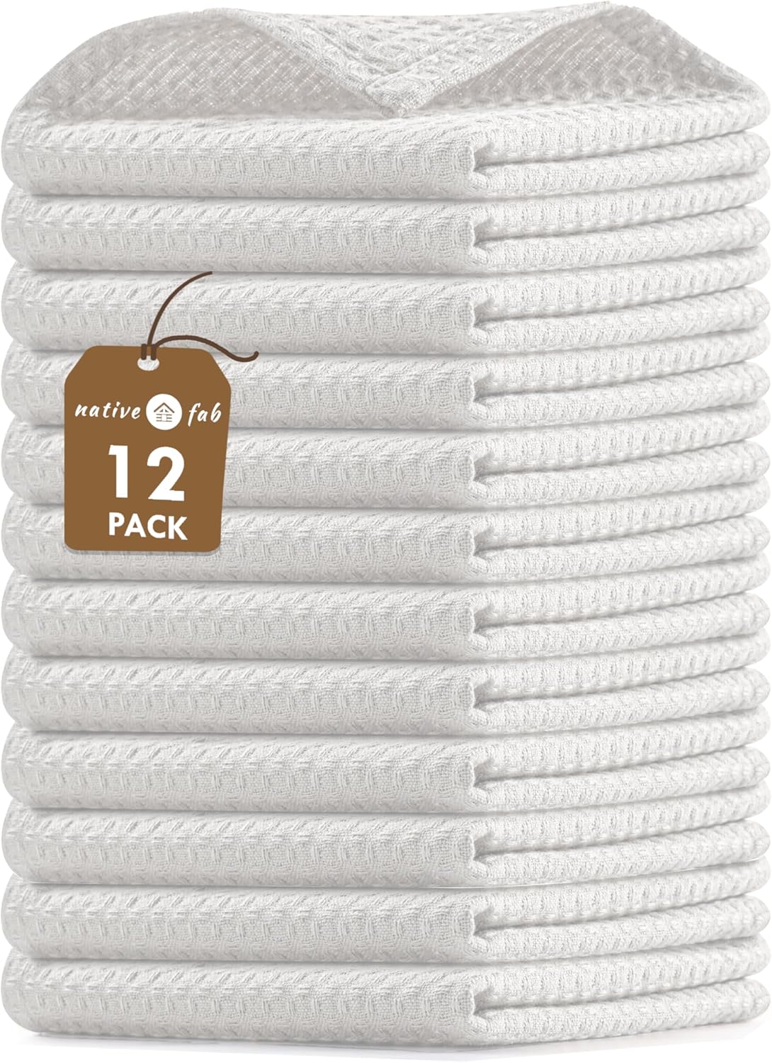 Native Fab Waffle 12 Pack Dish Cloths - 100% Cotton, Soft, Absorbent, Quick Drying, Washable Towels for All Cleaning, Cooking & Baking - Ideal for Home, BBQ, Hotels, Bars - 12x12 Inches - White