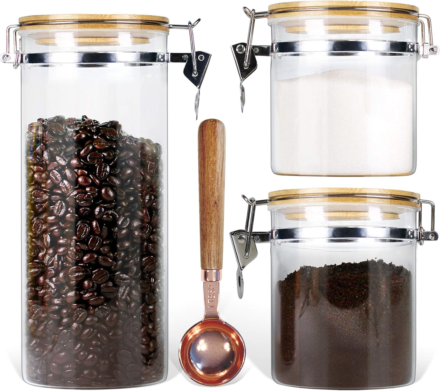 Urban Green Borosilicate Glass Storage Jars with Airtight Locking Clamp Lids, Airtight Canister Set，Coffee Set of 3 with Spoon (50oz, 24oz, 18oz), Storage Containers with Bamboo Lid