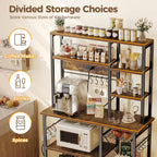 SUPERJARE Large Bakers Rack with Power Outlets, 6-Tier Microwave Stand, Coffee Bar with 12 S-Shaped Hooks, Kitchen Shelf with Wire Basket, 39.3 x 15.5 x 66.9 Inches, Rustic Brown