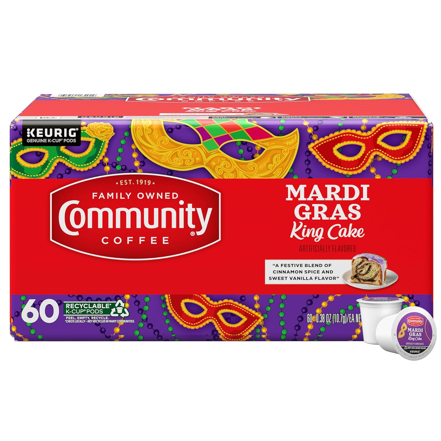 Community Coffee Mardi Gras King Cake Flavored, 60 Single-Serve Keurig K-Cup Pods, Medium Roast, 60 Count (Pack of 1)