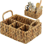 Glenmal Wicker Flatware Storage Basket Utensil Caddy Hand Woven Divided Cutlery Holder Kitchen Utensil Organizer Water Hyacinth Silverware Organizer with Handle for Countertop Party (Rectangular)
