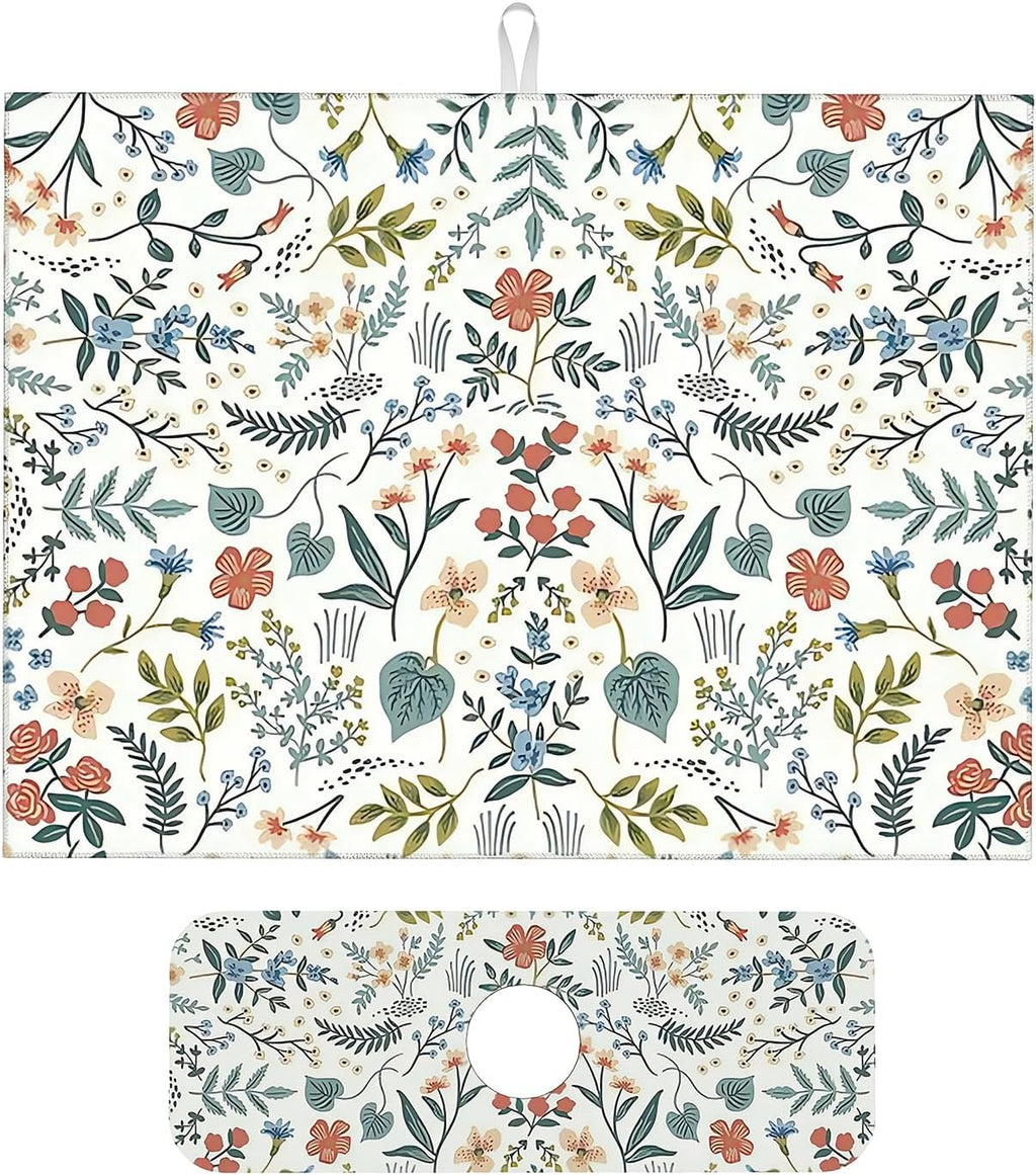 2Pcs Dish Drying Mats Faucet Mats Sets Large Size Coffee Mats Sink Faucet Mat Splash Guard for Kitchen Counter Bathroom Sink Coffee Bar Kitchen Decor (Wildflowers 1, 18"x24" 15" x 5.5"Set)