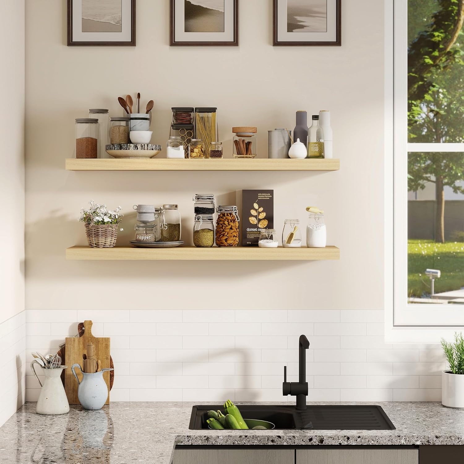 Fun Memories Rustic Real Wood Floating Shelves, 8 Inch Deep Floating Shelf Wall Mounted, 36" W x 8" D Wall Shelves Storage Shelves for Living Room, Bedroom, Bathroom, Burlywood, Set of 2