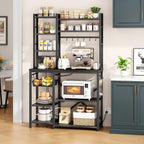 Baker Rack with Power Outlet - Microwave Stand with Storage, Large Coffee Bar Station with 14 Hooks, Metal Kitchen Shelf Rack for Spices, Pots (Rustic Black)