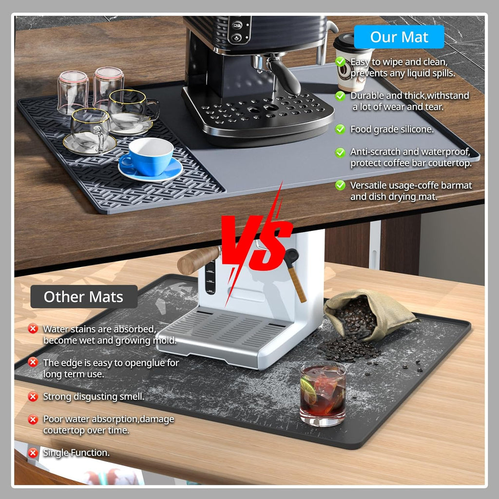 Silicone Coffee mat 24''x16'' – Non-Slip Bar Mat with Detachable Drying Layer for Espresso Machines, Countertops & Dish Racks