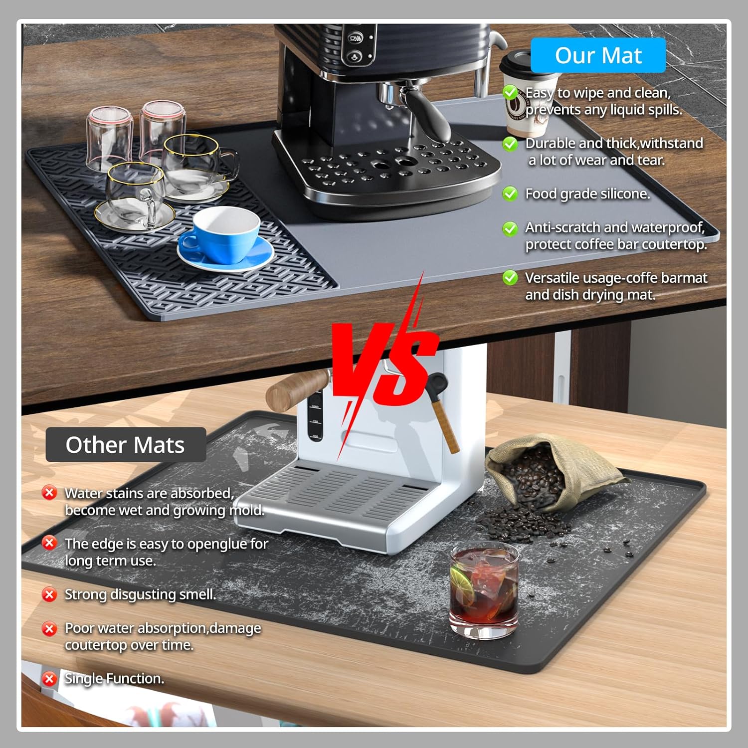 Silicone Coffee mat 24''x16'' – Non-Slip Bar Mat with Detachable Drying Layer for Espresso Machines, Countertops & Dish Racks