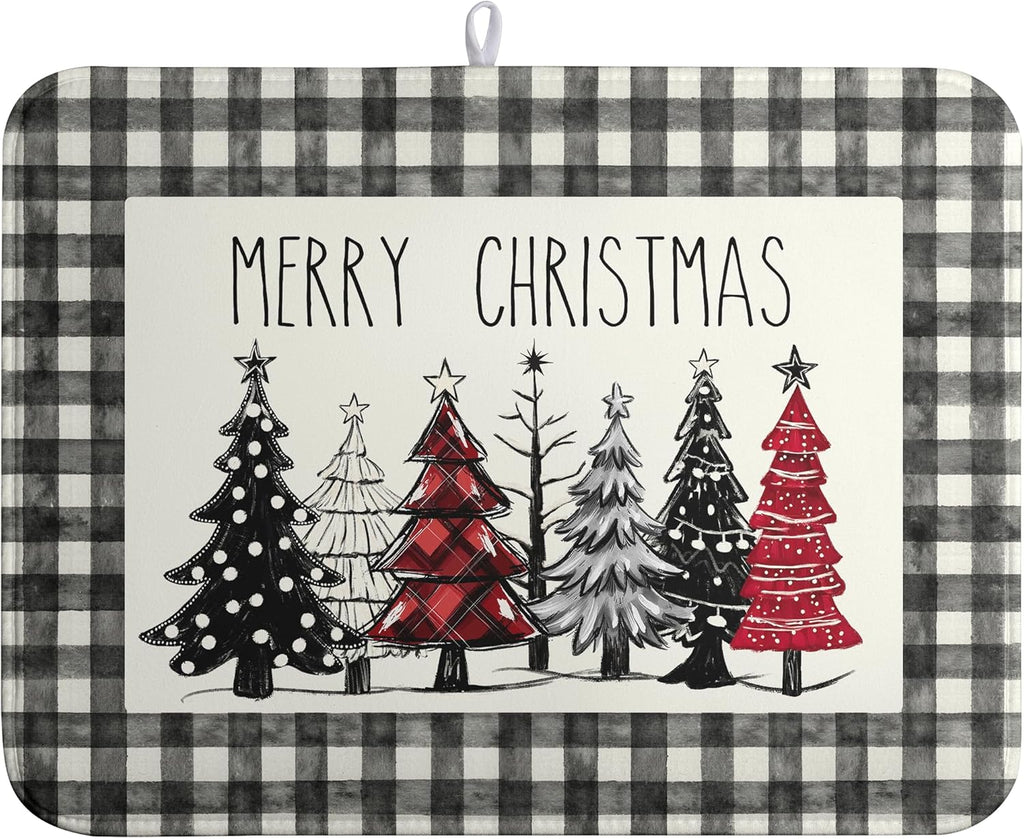 Merry Christmas Dish Drying Mat Buffalo Plaid Large Kitchen Mats Dish Drying Pad Xmas Christmas Tree Absorbent Dish Dryer Mat for Kitchen Countertops Microfiber Drainer Pad Dish Drying Mats (18x24 in)