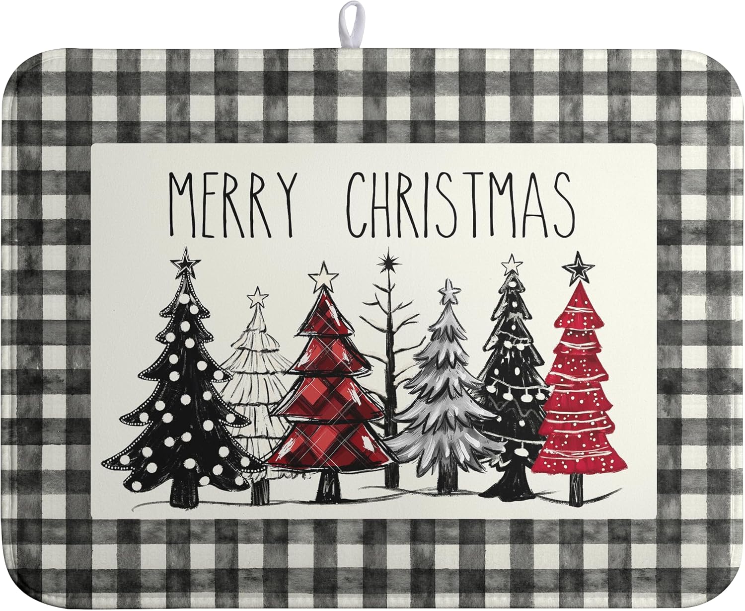 Merry Christmas Dish Drying Mat Buffalo Plaid Large Kitchen Mats Dish Drying Pad Xmas Christmas Tree Absorbent Dish Dryer Mat for Kitchen Countertops Microfiber Drainer Pad Dish Drying Mats (18x24 in)