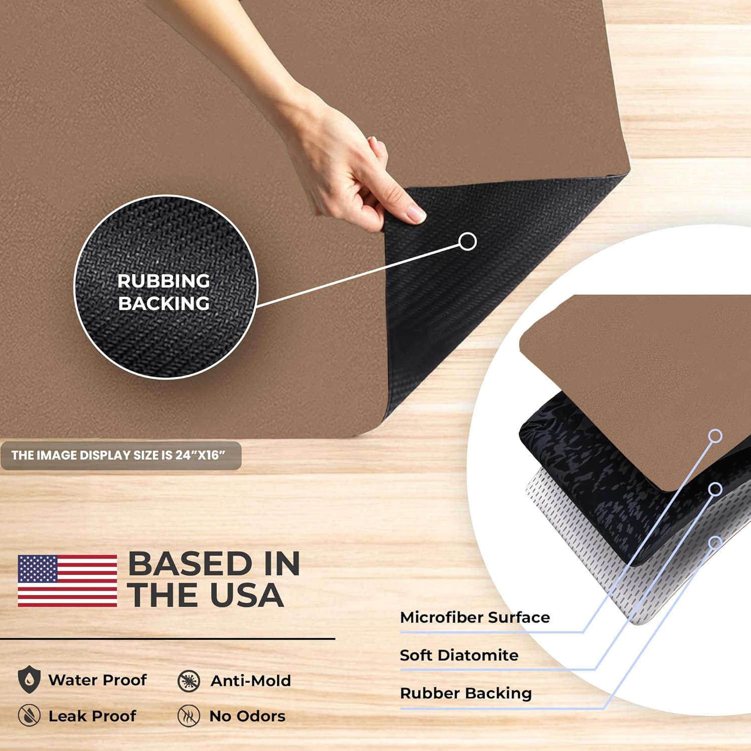 Dish Drying Mat Super Absorbent – 16" x 12" Coffee Mat for Countertops – Non-Slip Drying Mat for Kitchen Counter – Easy to Clean Water Absorbent Mat – Quick Dry Dish Drying Mats (Brown)