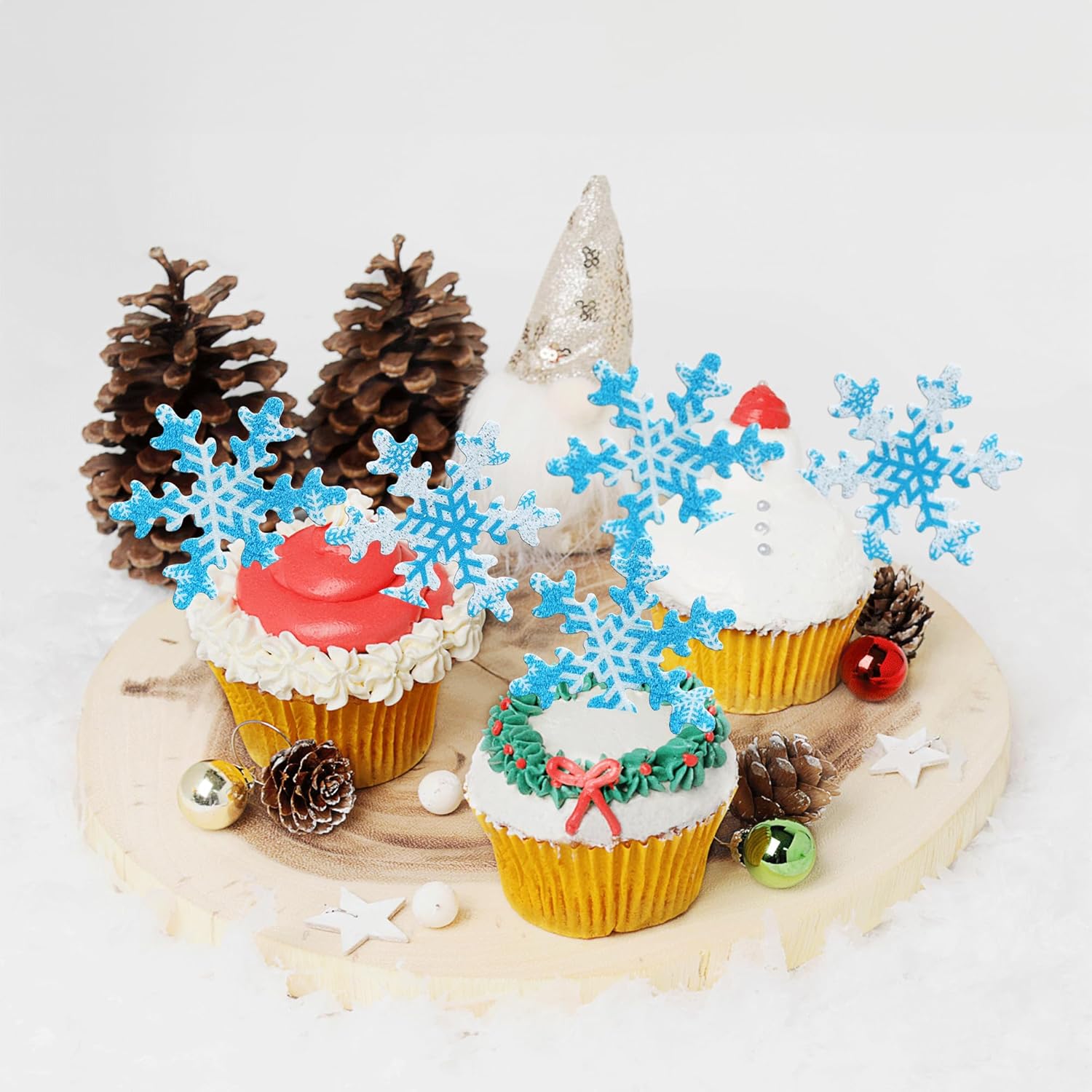 Gyufise 50Pcs Pink Edible Cupcake Cake Toppers Snowflake Cake Decorations for Christmas Winter Frozen Theme Party Supply Decoration Multi