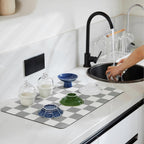 Checkered Dish Drying Mat for Kitchen Counter, Coffee Bar Station Accessories, Retro Cute Aesthetic Absorbent Coffee Mat Kitchen Drying Mat Easy Clean, Grey 16" x 24"