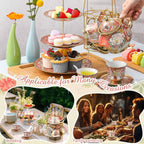Maxcheck 21 Pcs Tea Party Set for Adults European Floral Tea Set with Metal Holder and 3 Tier Ceramic Cake Stand Porcelain Flower Cup Teapot for Dessert Cupcake(Romantic Style)