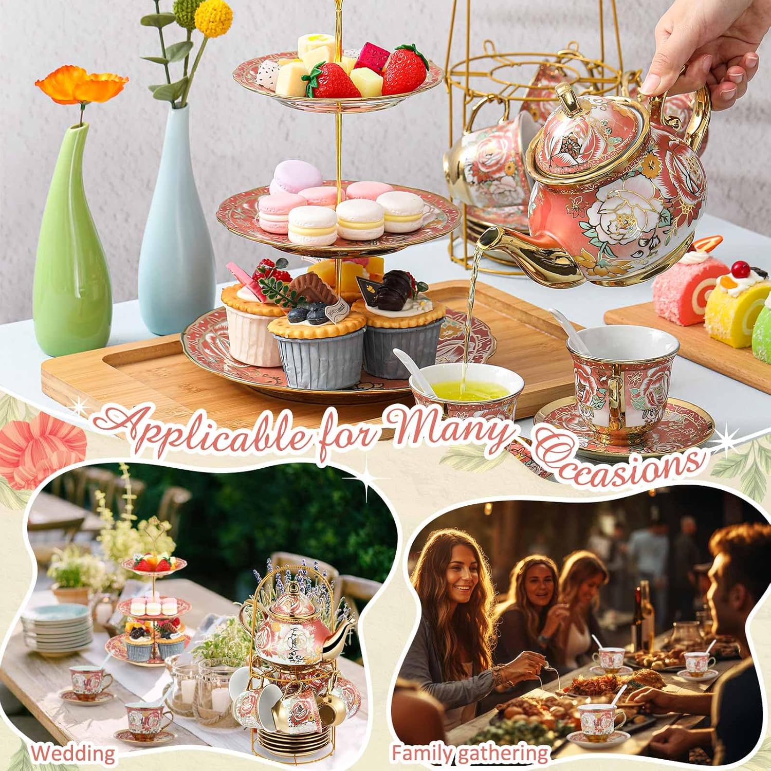 Maxcheck 21 Pcs Tea Party Set for Adults European Floral Tea Set with Metal Holder and 3 Tier Ceramic Cake Stand Porcelain Flower Cup Teapot for Dessert Cupcake(Romantic Style)