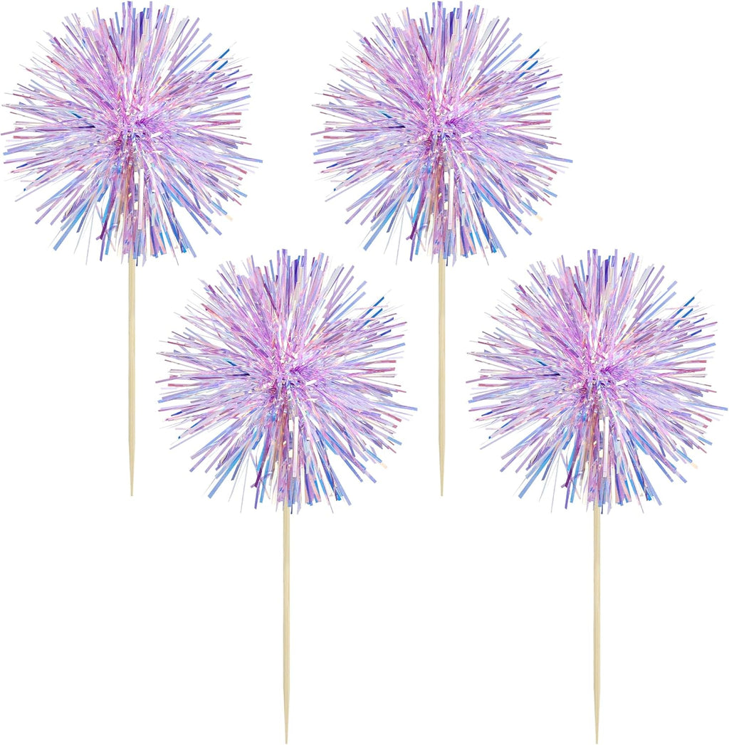 Gyufise 30Pcs Foil Firework Cupcake Toppers Sparkle Tinsel Cake Toppers Tinsel Drink Cake Decoration Cocktail Picks for Birthday Wedding Graduation Party Supplies Laser Purple