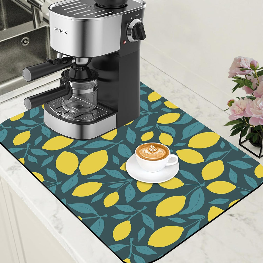 Yellow Lemon and Leaves Coffee Mat Absorbent Dish Drying Mat for Kitchen Counter Hide Stain Rubber Backed Coffee Bar Accessories Fit Under Espresso Machine 15.7 x 23.6 Inch