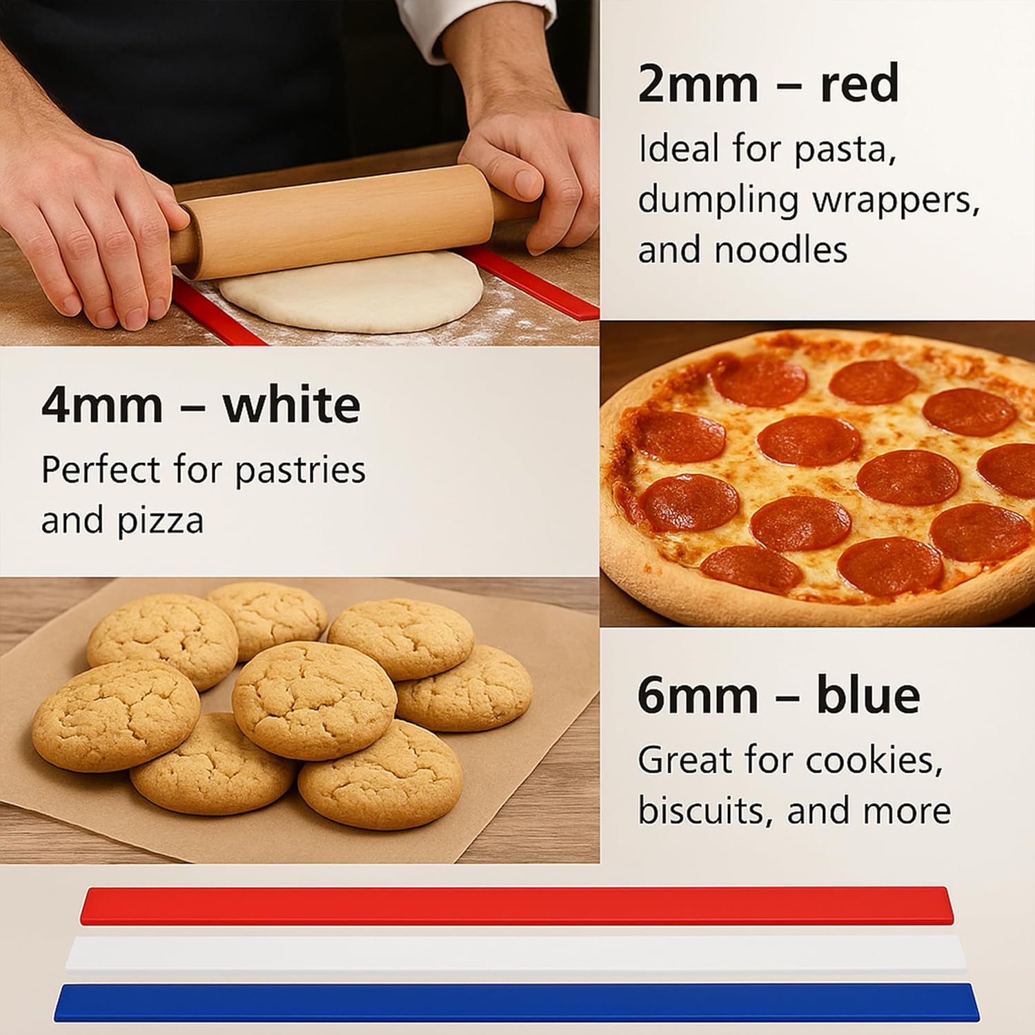 Set of 6 Rolling Pin Guides for Dough Thickness, 100% Silicone Pastry Ruler Baking Strip, Cookie Sticks, Guide Leveler, Measuring Size with Food Grade Precision, for Pastry Perfection, Length 19 Inch