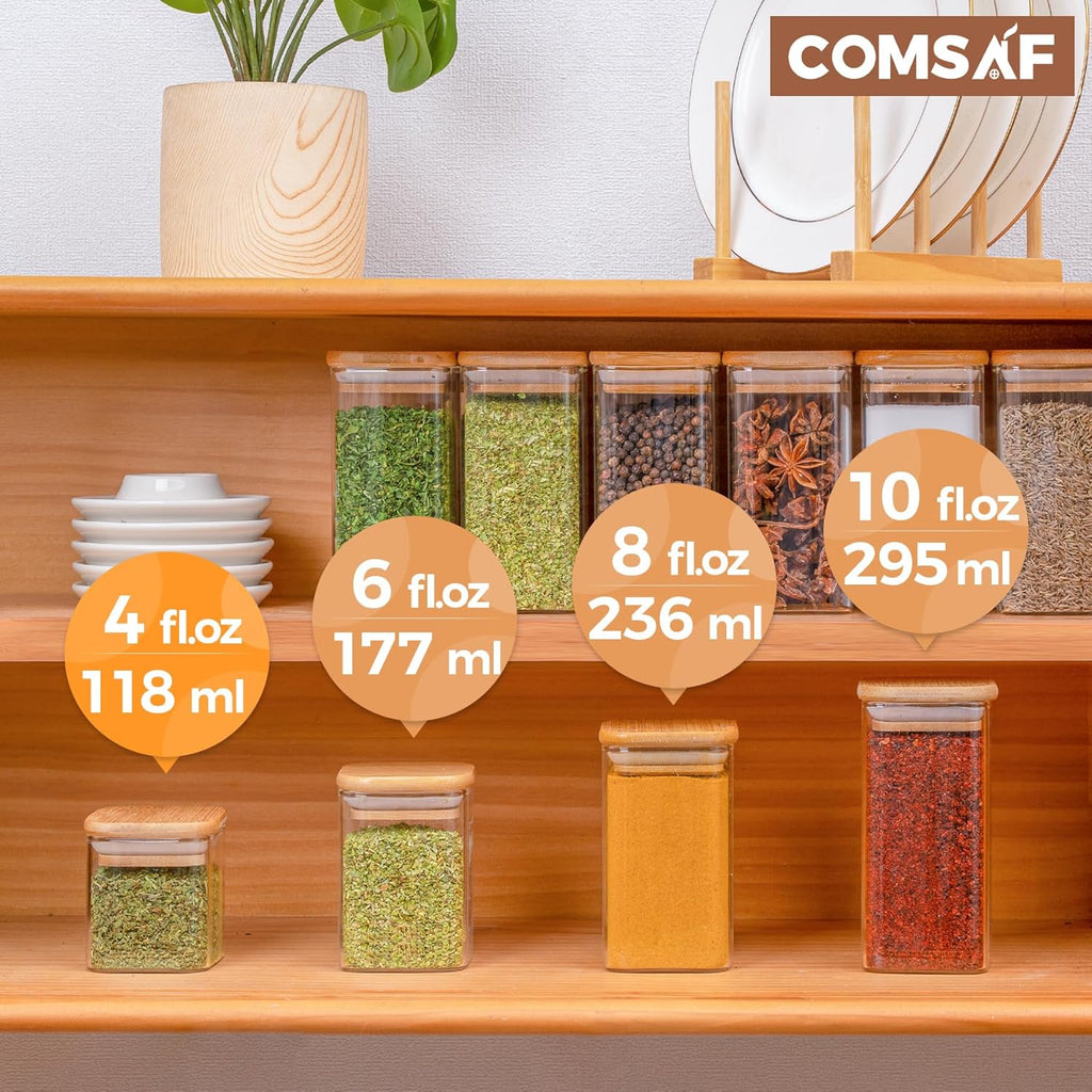 ComSaf 16Pcs Glass Spice Jars with Bamboo Lid, 4oz Airtight Square Spice Containers with 275 Black Lables, Empty Seasoning Jars for Spice Salt Sugar