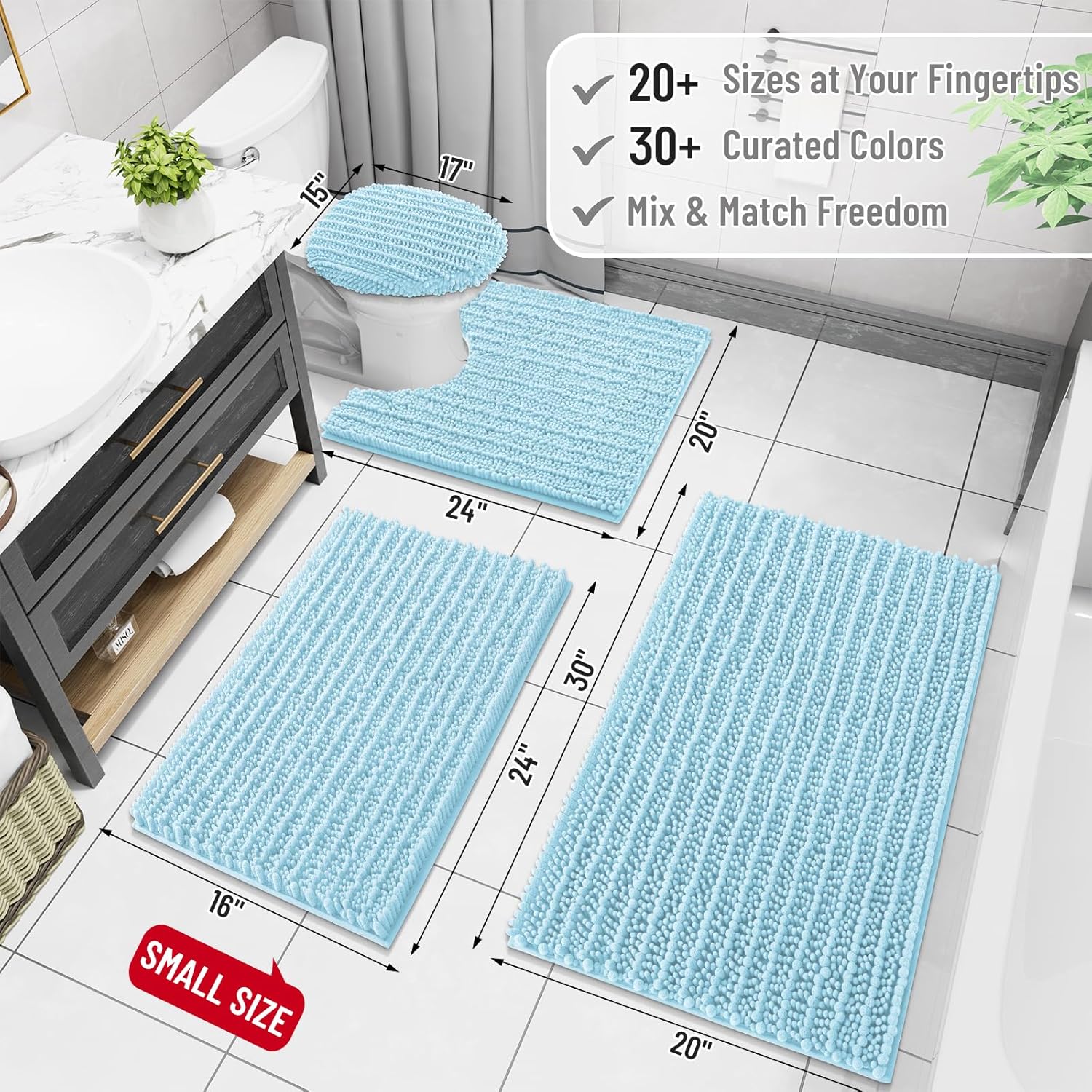 Arotive Luxury Chenille Bathroom Rug Mat, Extra Soft Thick Absorbent Shaggy Bath Rugs, Non-Slip Machine Wash Dry, Plush Bath Mats for Bathroom, Shower and Tub, 70x24, Blue