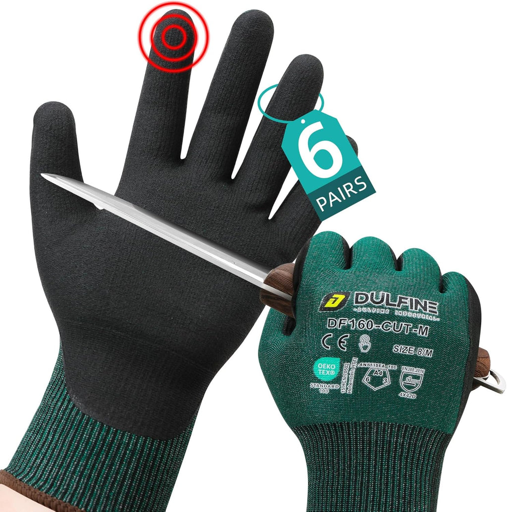 DULFINE ANSI A4 Cut Resistant Work Gloves for Men,6 Pairs Pack.Touchscreen Micro Nitrile Coated,Anti-Slip & Durable for Construction, Wood Cutting,Glass Factory Industrial Use(Small)