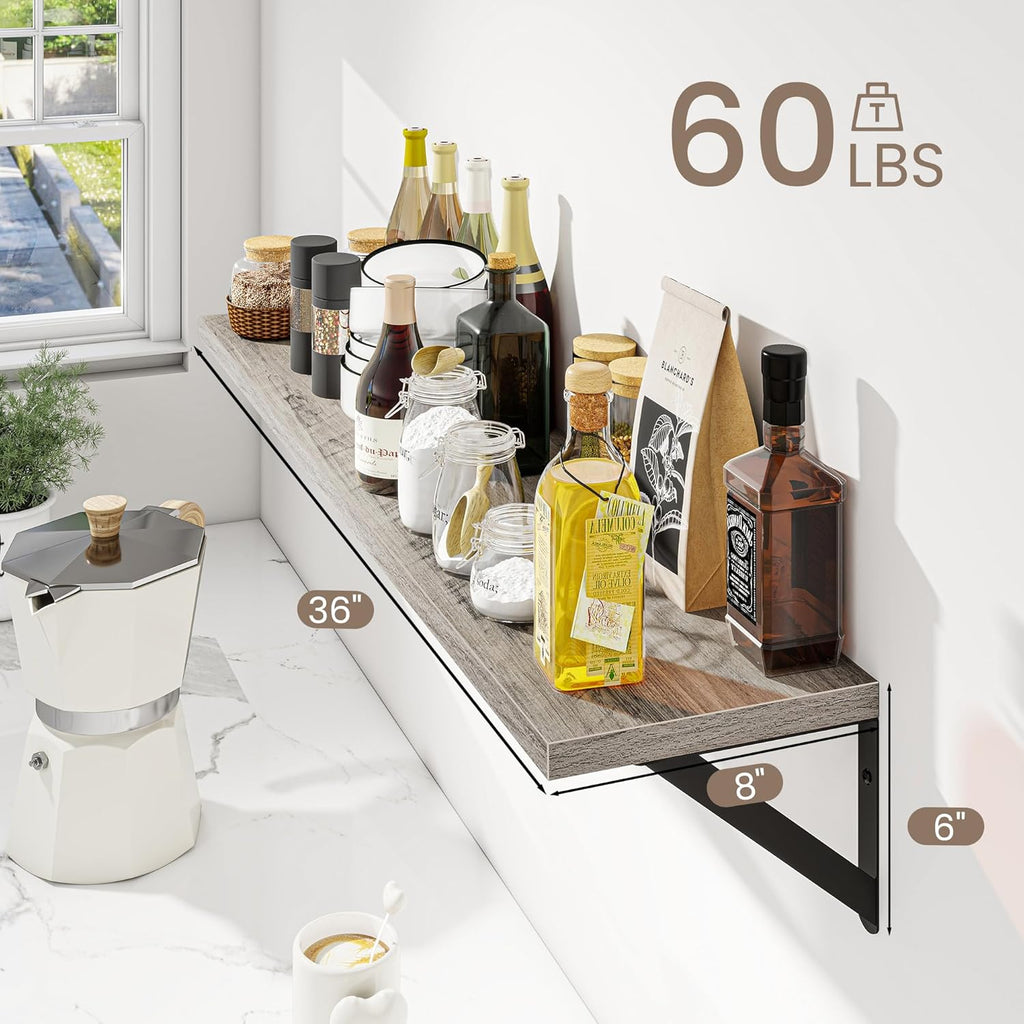 Dreamland Grey Floating Shelf 36 inch, 36W x 8D Wall Mounted Shelves Set of 2, Wide Display Ledge Shelf with Sturdy Metal Brackets for Living Room, Bathroom, Bedroom and Kitchen