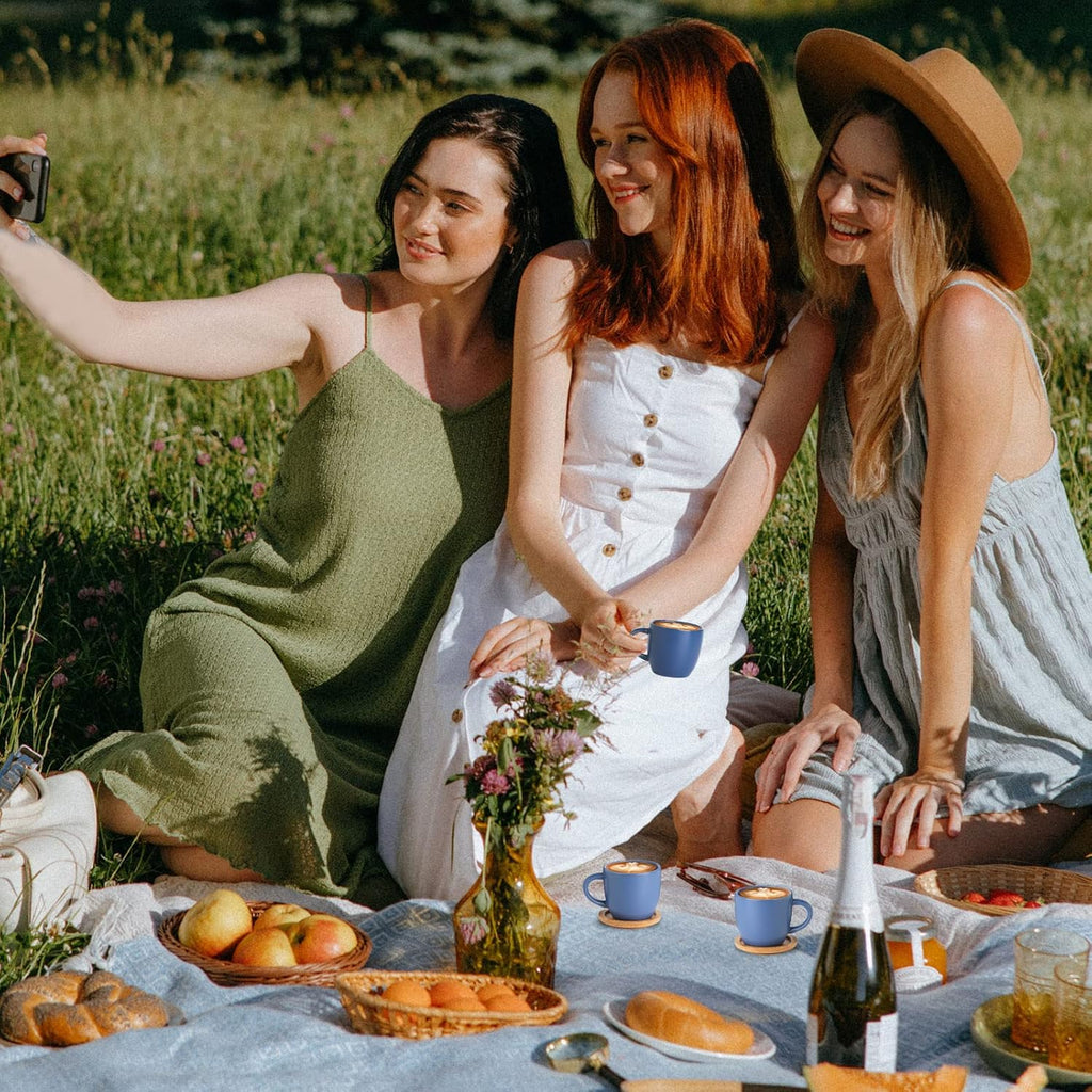 Hasense Espresso Cups and Saucers Set of 6, Demitasse Cups with Handle for Coffee Drinks, Latte, Cappuccino, Cafe Mocha and Tea, 4 Ounce Porcelain Coffee Cups for Coffee Bar Home and Party, Blue