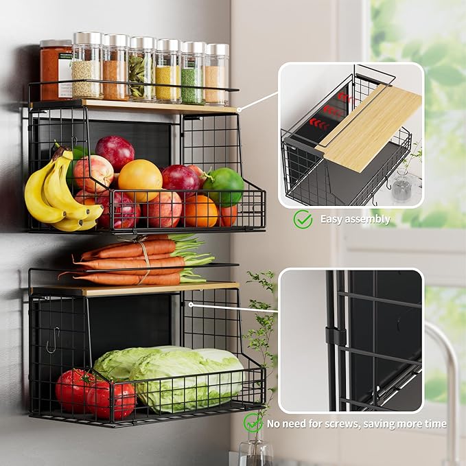 Magnetic Shelf for Fridge, Large Container Magnetic Spice Rack for Refrigerator, Fruit Potato and Onion Storage Bins, Magnetic Basket with Wood Lid, Kitchen Counter, Cabinet