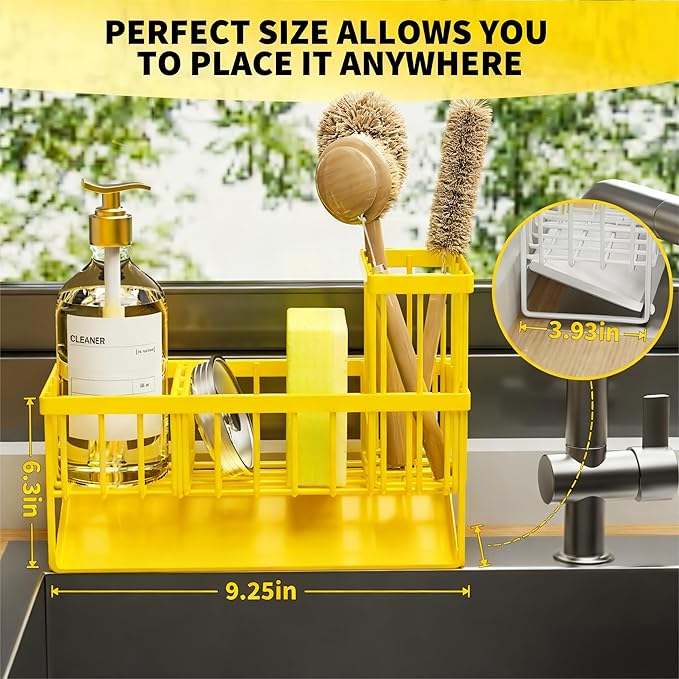 Cisily Yellow Sink Caddy Organzier with High Brush Holder, Sponge Holder for Sink, 304 Rustproof Stainless, Kitchen Countertop Soap Dispenser Organizer,Yellow Kitchen Decor and Accessories