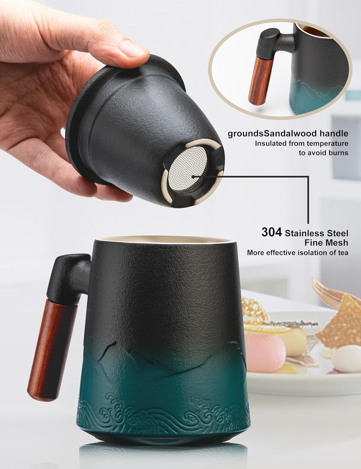 suyika Tea Cup with Infuser and Lid, 15.2 Ounce Wood Handle Ceramic Loose Leaf Mug Gradient Black&Green 450ml
