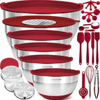 Priority Chef Stainless Steel Mixing Bowls with Lids Set - Premium 30Pcs with 6pc Metal Bowl Set for Kitchen, 3 Graters, Airtight Lids, Non-Slip Bases & Silicone Utensils, Red