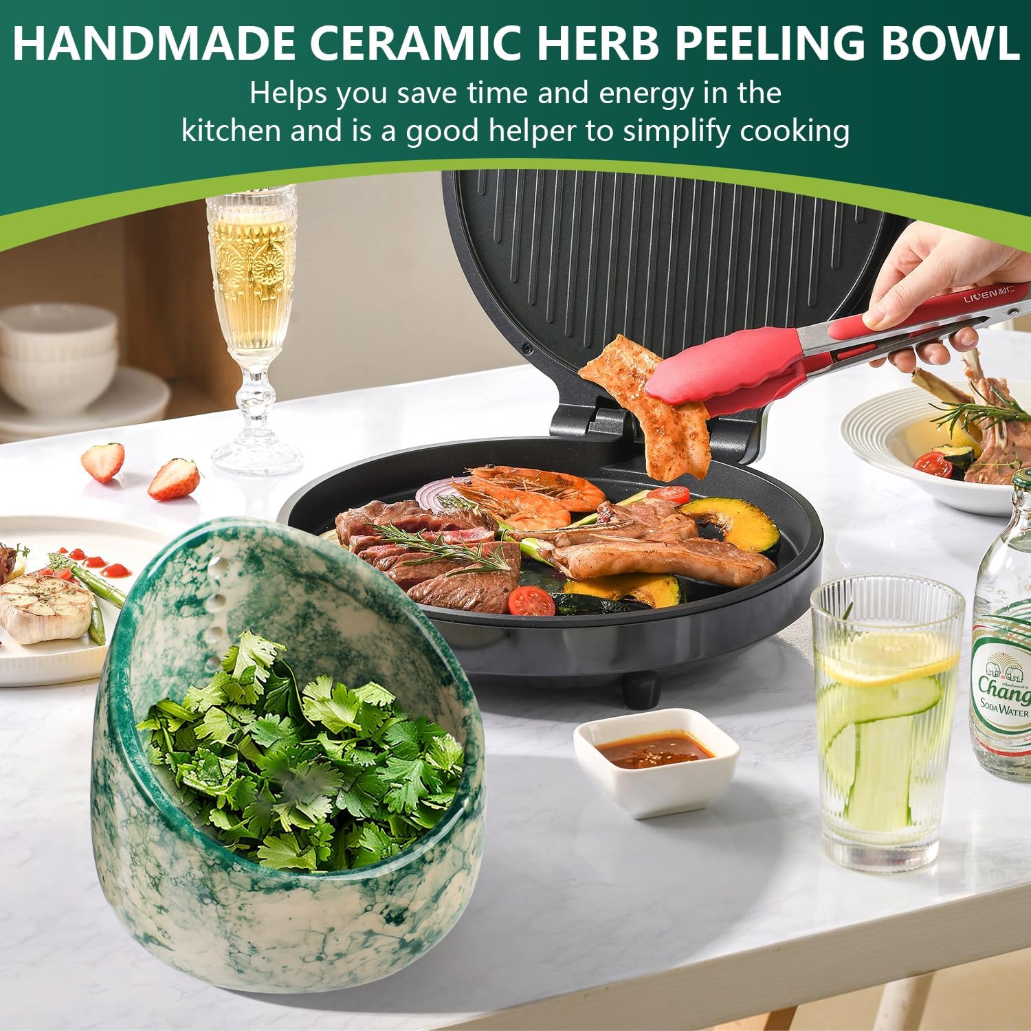 Pottery Herb Stripper Bowl, Handmade Ceramic Herb Peeling Bowl, for Separating Leaves and Stems (Green)