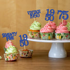 Gyufise 24Pcs Vintage 1950 Cupcake Toppers Glitter Cheers to 75 Fabulous Seventy Five Cupcake Picks 75th Birthday Wedding Anniversary Party Cake Decorations Supplies Deep Blue