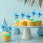 Ephlyn 30Pcs Foil Firework Cupcake Toppers Sparkle Tinsel Cupcake Picks Happy Birthday Cake Toppers Drink Stirrers Cocktail Food Toothpicks for Baby Shower Birthday Party Supplies Lake Blue