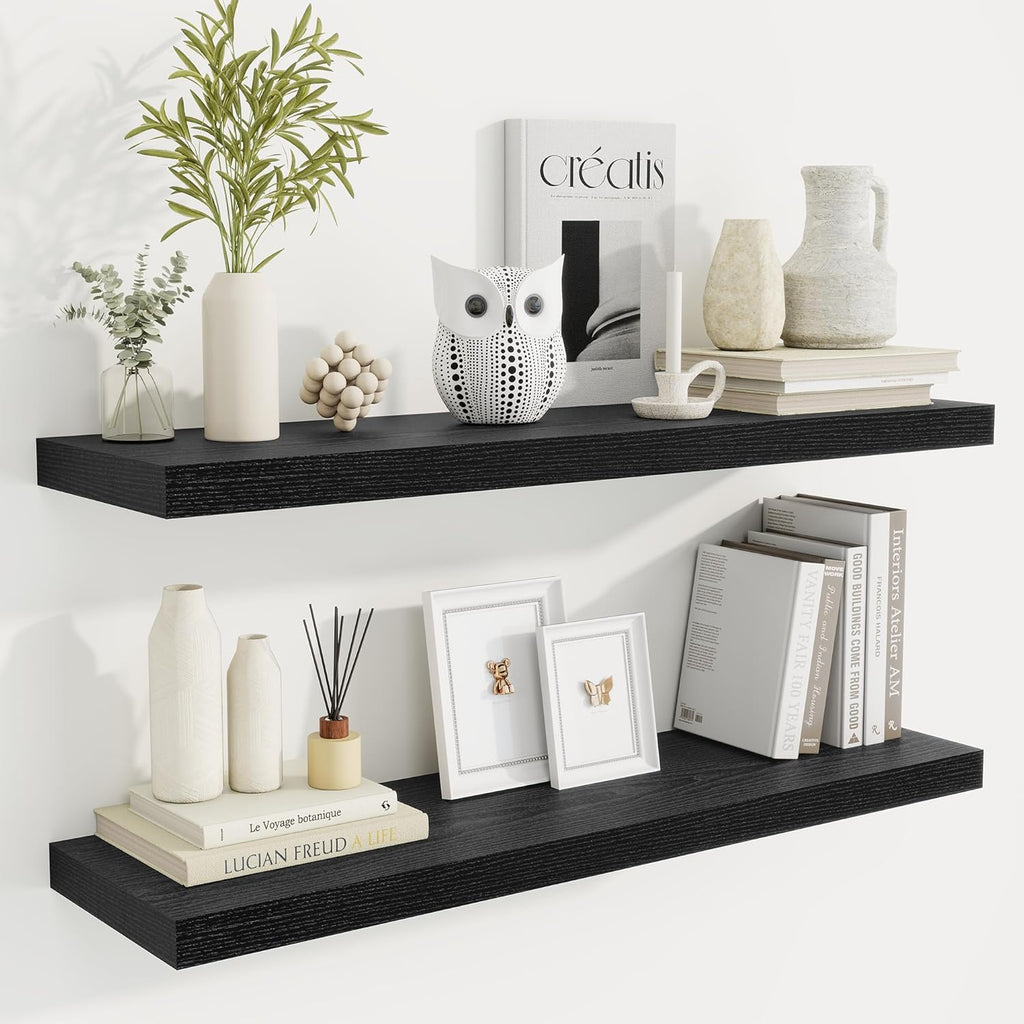 36 Inch Floating Shelves, 9.3 Inch Deep Rustic Wall Shelves - Extra Deeper Wall Mounted Storage Shelves for Bathroom, Kitchen, Living Room (Black, Set of 2)