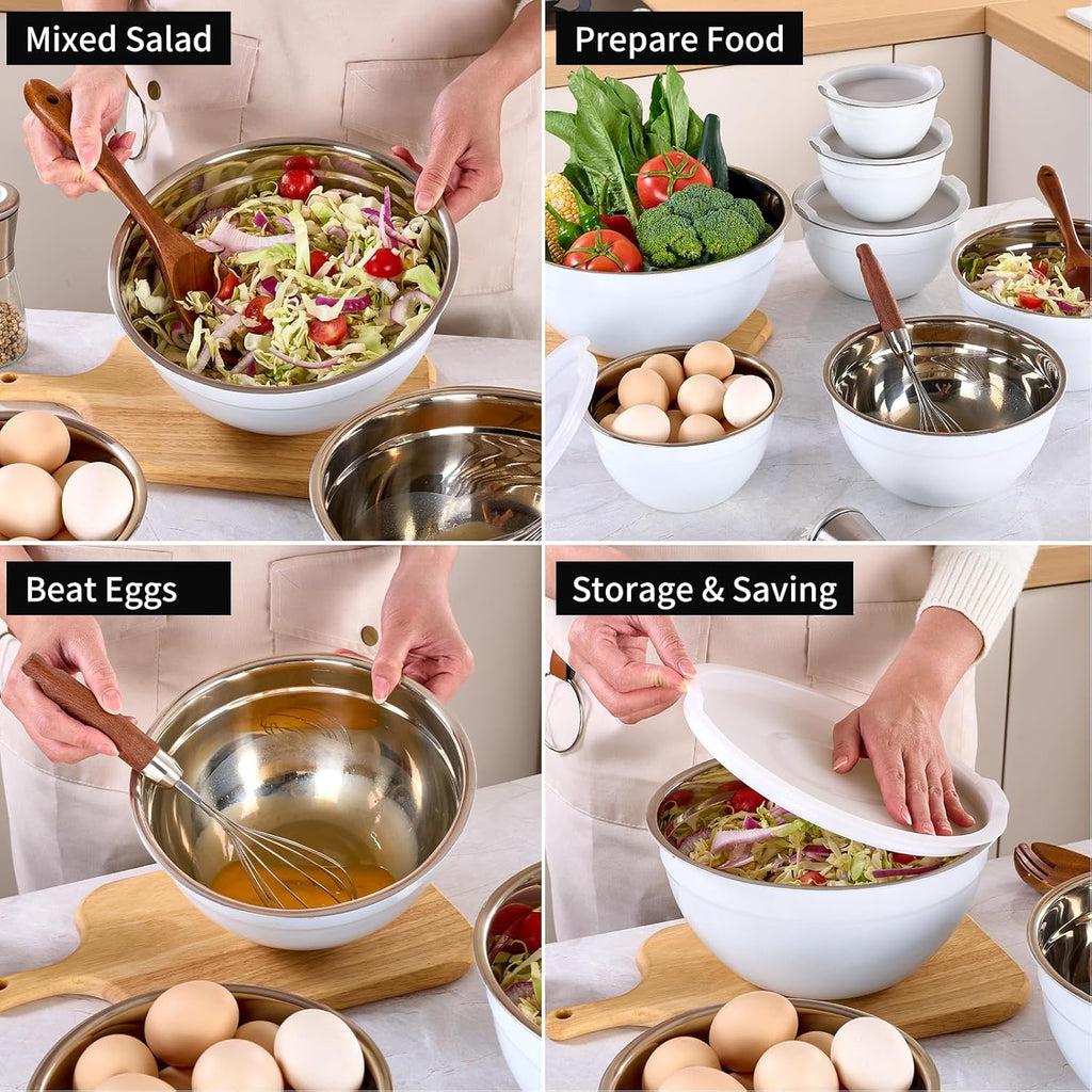White Mixing Bowls with Lids Set of 7, Stainless Steel Nesting Bowl with Khaki Lid for Non-slip Mixing Prepping Storing Serving, 7 Sizes-7/3.6/2.7/2.1/1.5/1/0.8 QT
